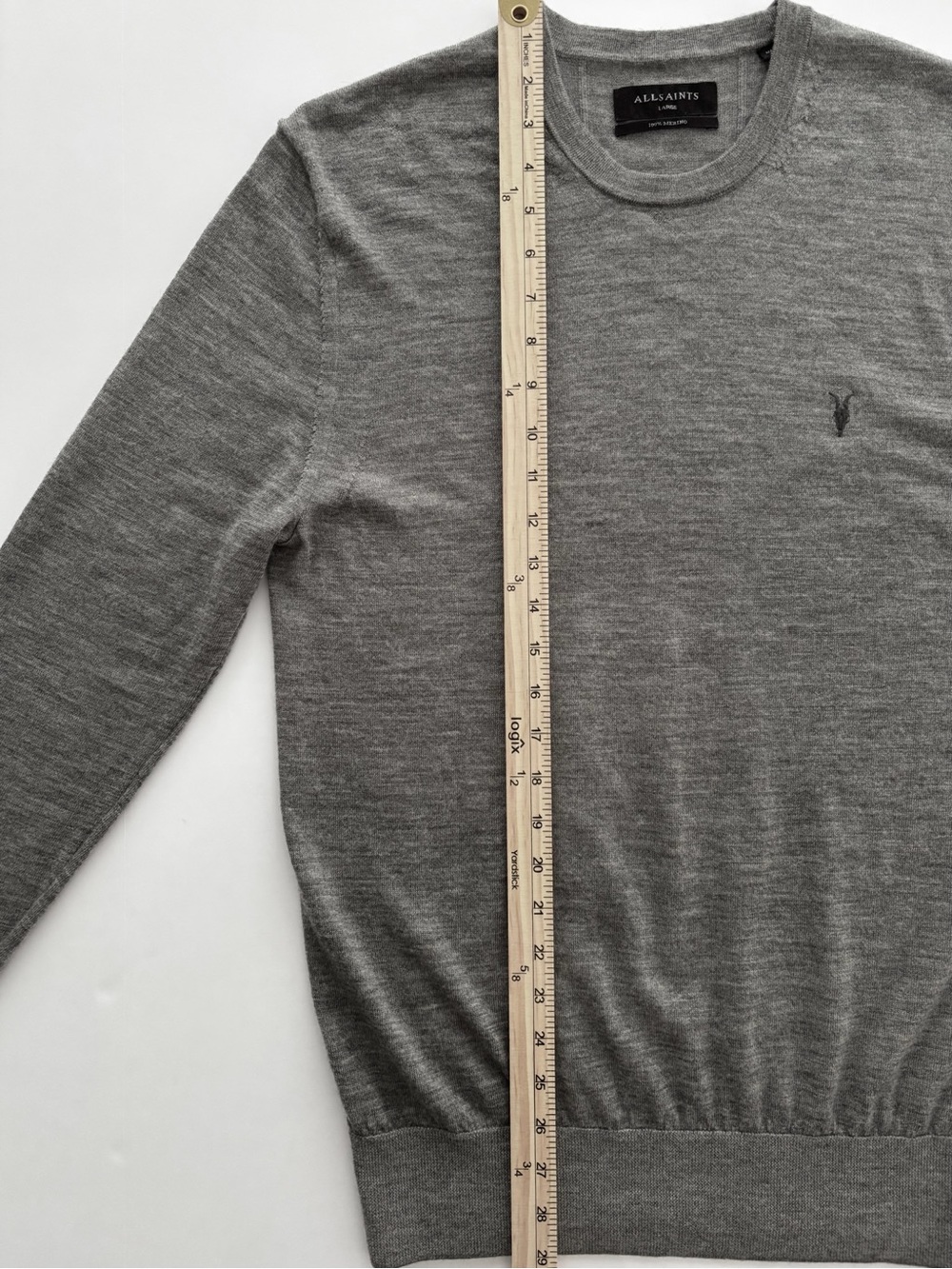 AllSaints 100% Merino Wool Gray Crewneck Sweater Men’s Size Large Lightweight - Picture 6 of 8